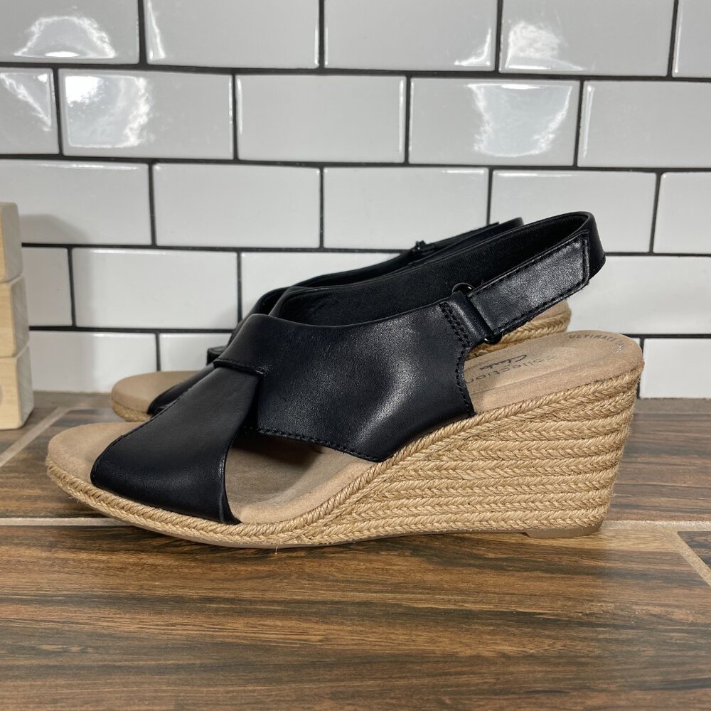 Clarks Lafley Alaine Shoes Womens 8 Wide Black Leather Slingback Wedge Sandals